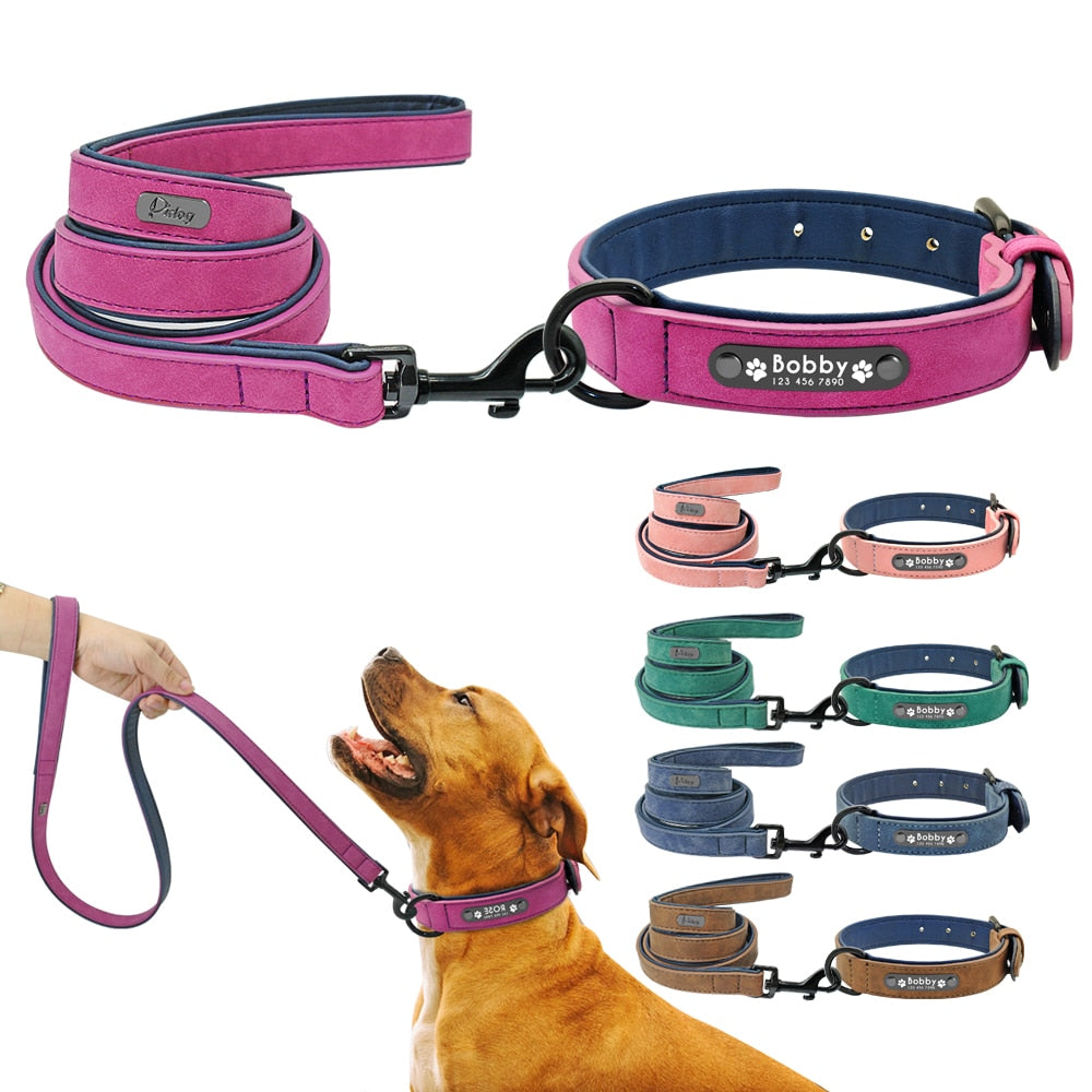 Personalised Leather Dog Collars With Lead Set - 5 Colours